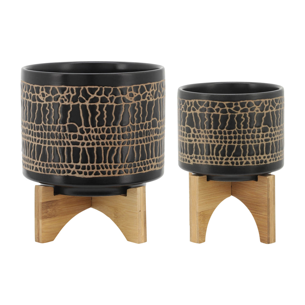 S/2 5/8' GLAZED PLANTER W/ STAND, BLACK Media 1