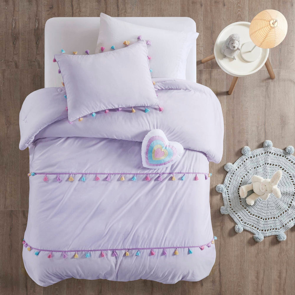 3 PCS Twin Tassel Comforter Set with Heart Shaped Throw Pillow Lavender Media 9