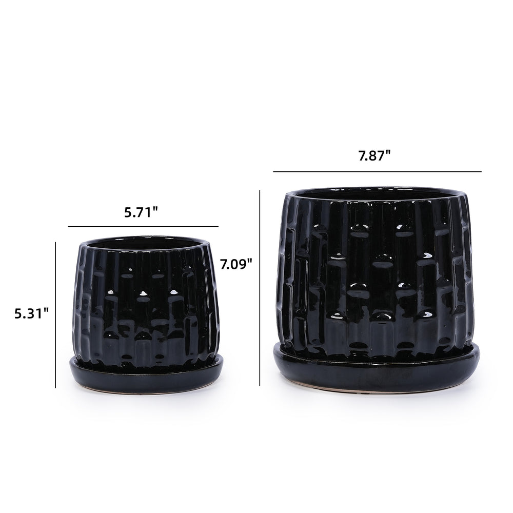 Handmade Ceramic Flower Pot with Groove Pattern, 6 & 8 Inch Diameter, Black Color for Orchids, Indoor/Outdoor Use on Windowsill & Bookshelf, Breathable Clay with Saucer Media 4