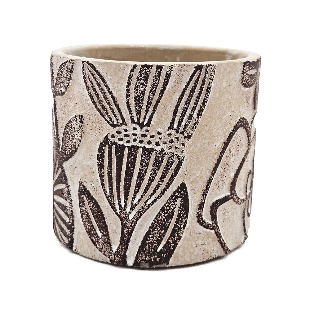 Set of 4 4.3x4.3x4' Gray Sand and Cement Planters with Brown Botanical Motifs Media 10