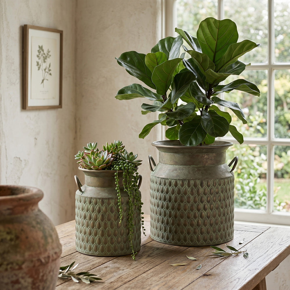 S/2 Iron Milk Jug Planters with Textured Green Finish Media 6