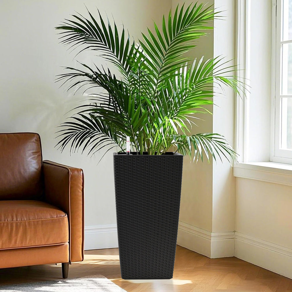 Pack of 2 Square Planter for Garden 22-Inch High Faux Rattan Design Flower Pot with Automatic Watering System for Porch, Patio, Backyard, Makes Keeping Flowers Easier Media 1
