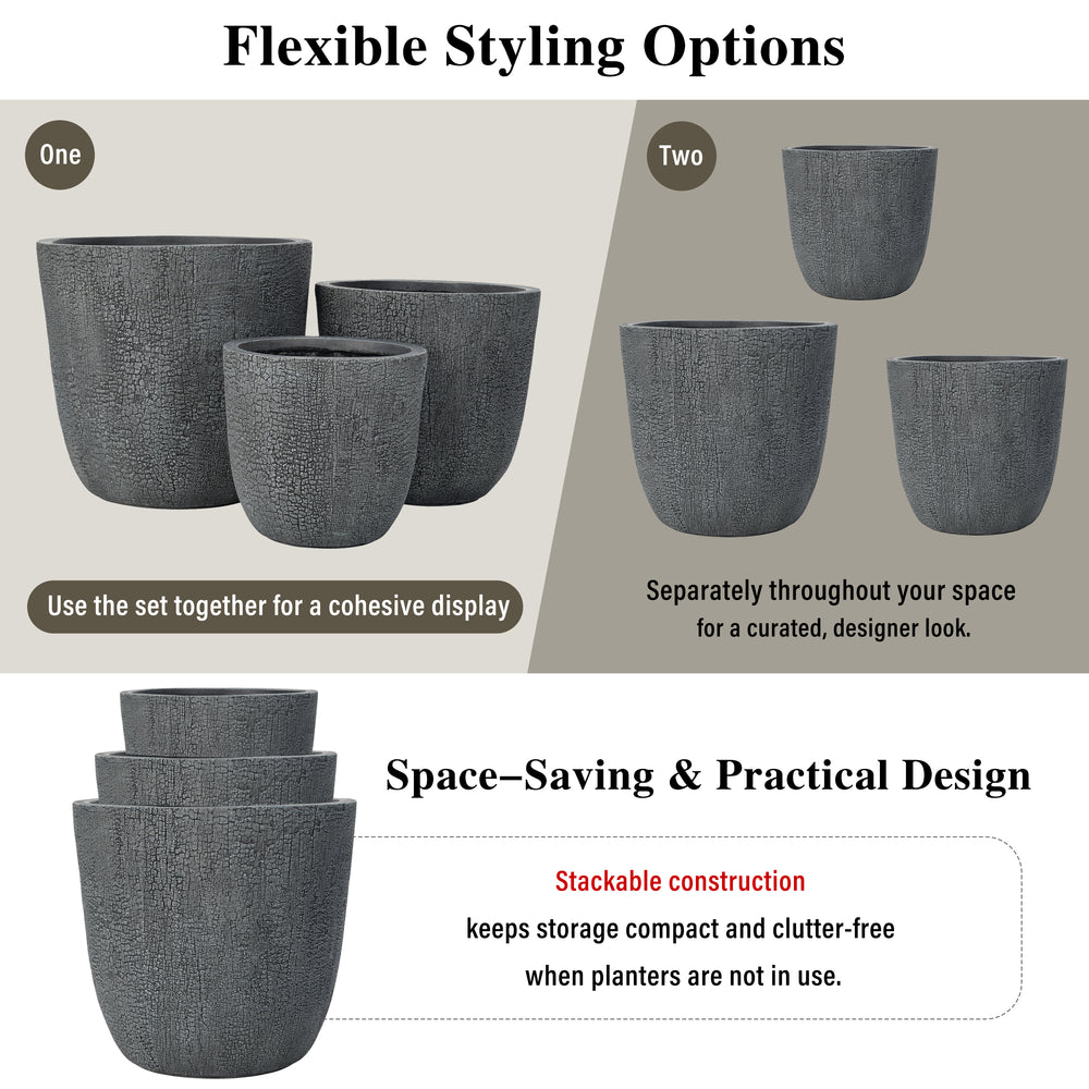 U_STYLE Lightweight MGO Planter Set of 3,16.93'+13.78'+11.02' Dia Round Concrete Stackable Flower Pots with Drainage Holes and Rubber Plug,Crackle Stone Texture for Patio Garden Balcony Indoor Outdoor Media 7