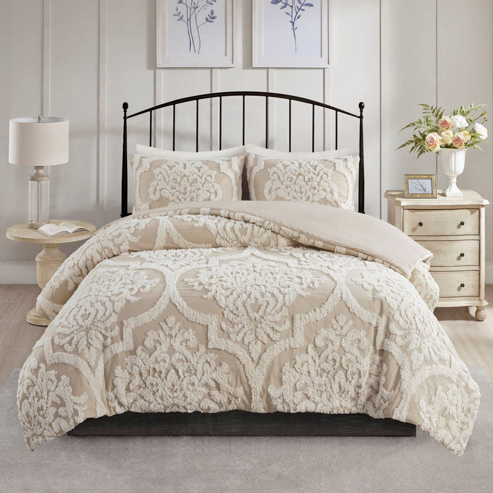 Full/Queen 3 piece Tufted Cotton Chenille Damask Duvet Cover Set Media 10