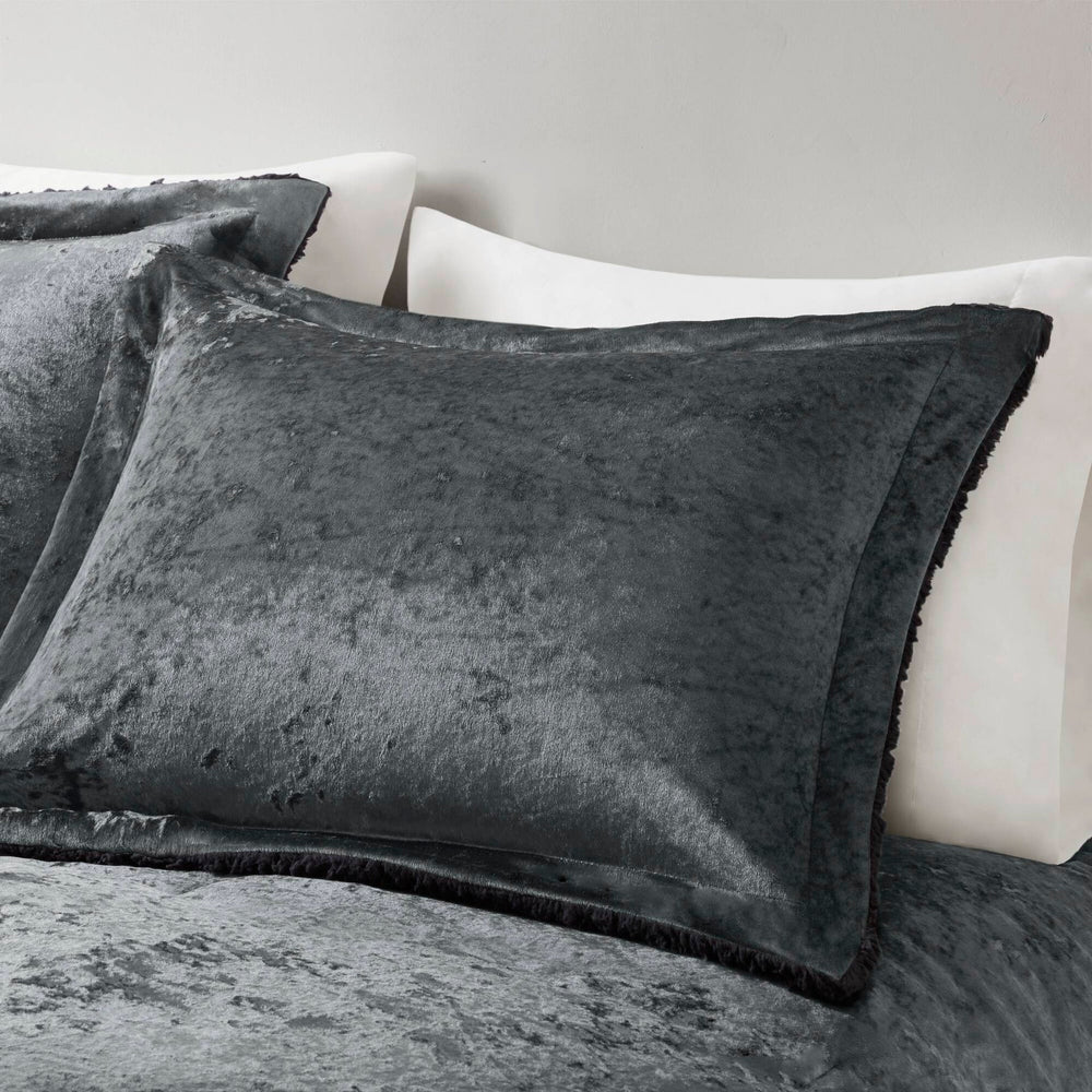 3 PCS Full/Queen Crushed Velvet   Reversible Comforter Set Charcoal Media 11