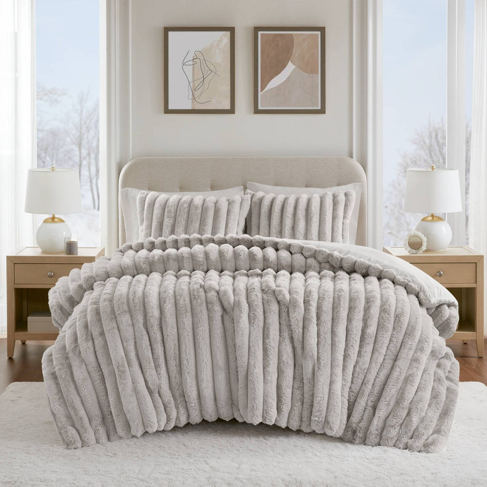 3 Pieces Full/Queen  soft Faux Fur Ribbed Comforter Set,Light Gray Media 20