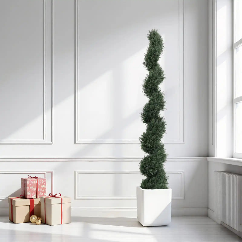 6FT single-color spiral-shaped potted cedar tree, a realistic artificial evergreen plant, suitable for decorating outdoor gardens, porches, patios, etc.; 2pcs/set
