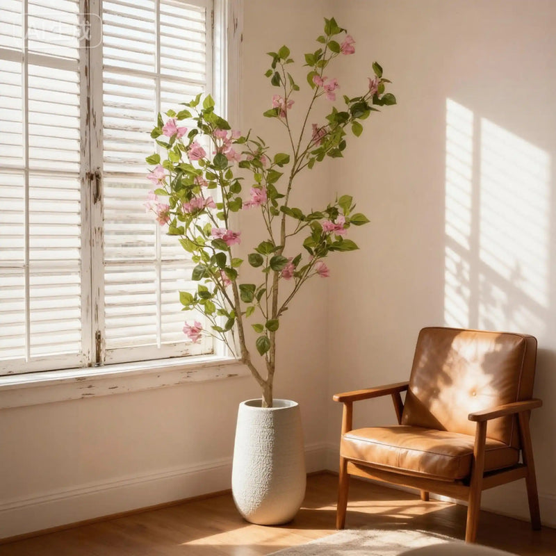 Artificial Bougainvillea Tree in Baby Pink with Green Leaves, Realistic Faux Plant in Black Plastic Pot, 60-Inch Indoor Decor for Home Office