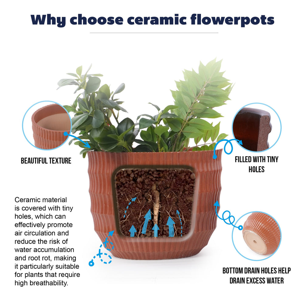 Handmade Brick Red Glaze Ceramic Planter Set of 4, 7/9/12/14 Inch, Horizontal Grooves, Indoor & Outdoor Herb Succulent Pots, Breathable Clay with Drainage Holes Media 7