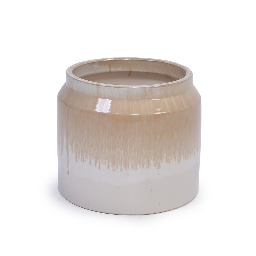 Handmade Non-Porous Ceramic Planter Set of 2, 6' & 8' Diameter, Beige Drip Glaze, for Aquatic Plants Indoor/Outdoor Shelf & Desk Use, Breathable Clay Media 9