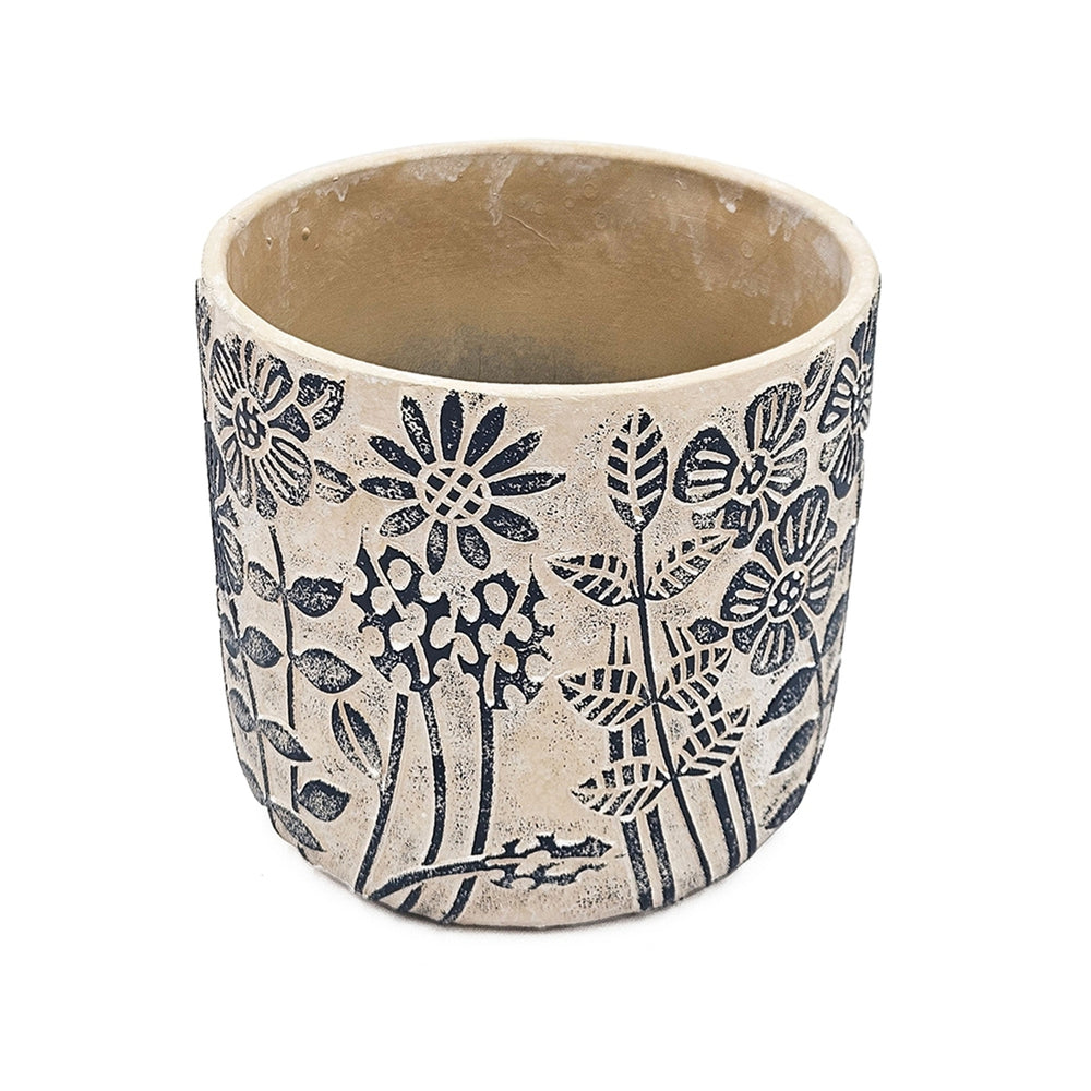 S/2 Gray Sand and Cement Planters with Blue Floral Motif, L:D7x6.7' S:D5.5x5' Media 7