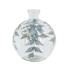 Round Clear Glass Vase with Blue and Gold Botanical Motifs perspective