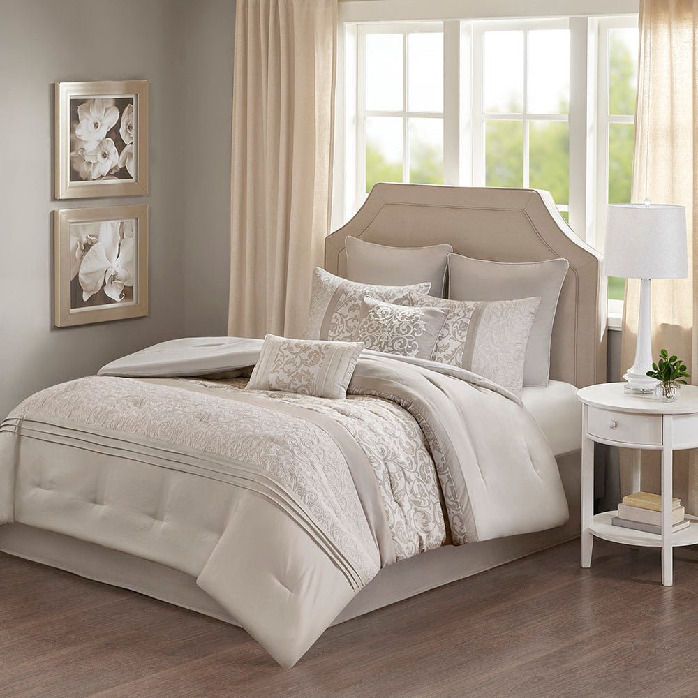 Embroidered 8 Piece Comforter Set Neutral Cal King Media 1
