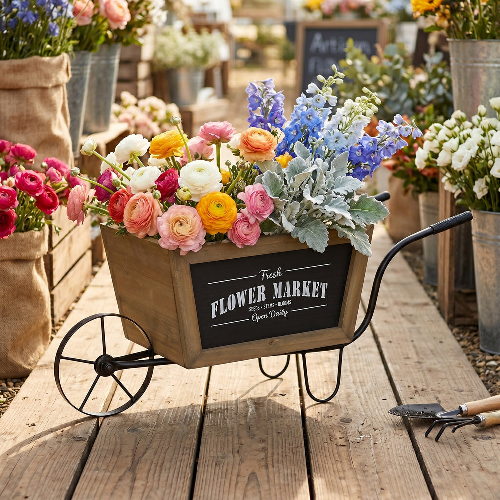 19.5x8x8.3' Brown Wooden Wheelbarrow Planter with Black Iron Frame Media 8