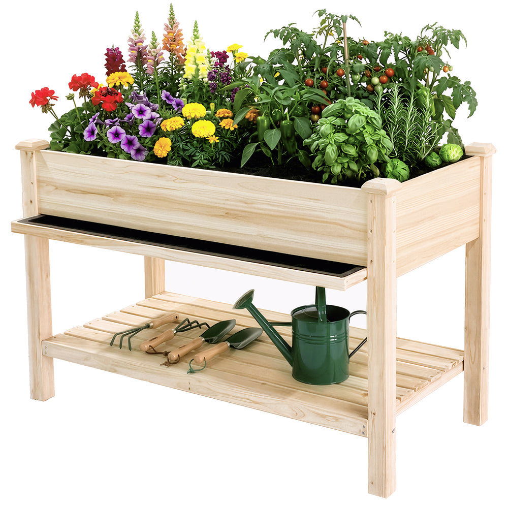 Raised Garden Bed 48x23x31.1-inch Elevated Wood Planter with Water Collection Tray, Storage Shelf, Protective Liner Media 3