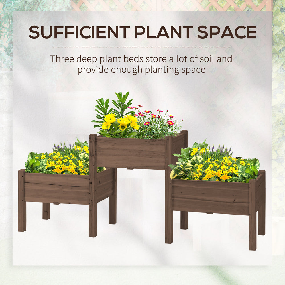 Outsunny Raised Garden Bed with 3 Planter Box, Elevated Wooden Plant Stand with Drainage Holes, for Vegetables, Herb and Flowers, Coffee Media 4