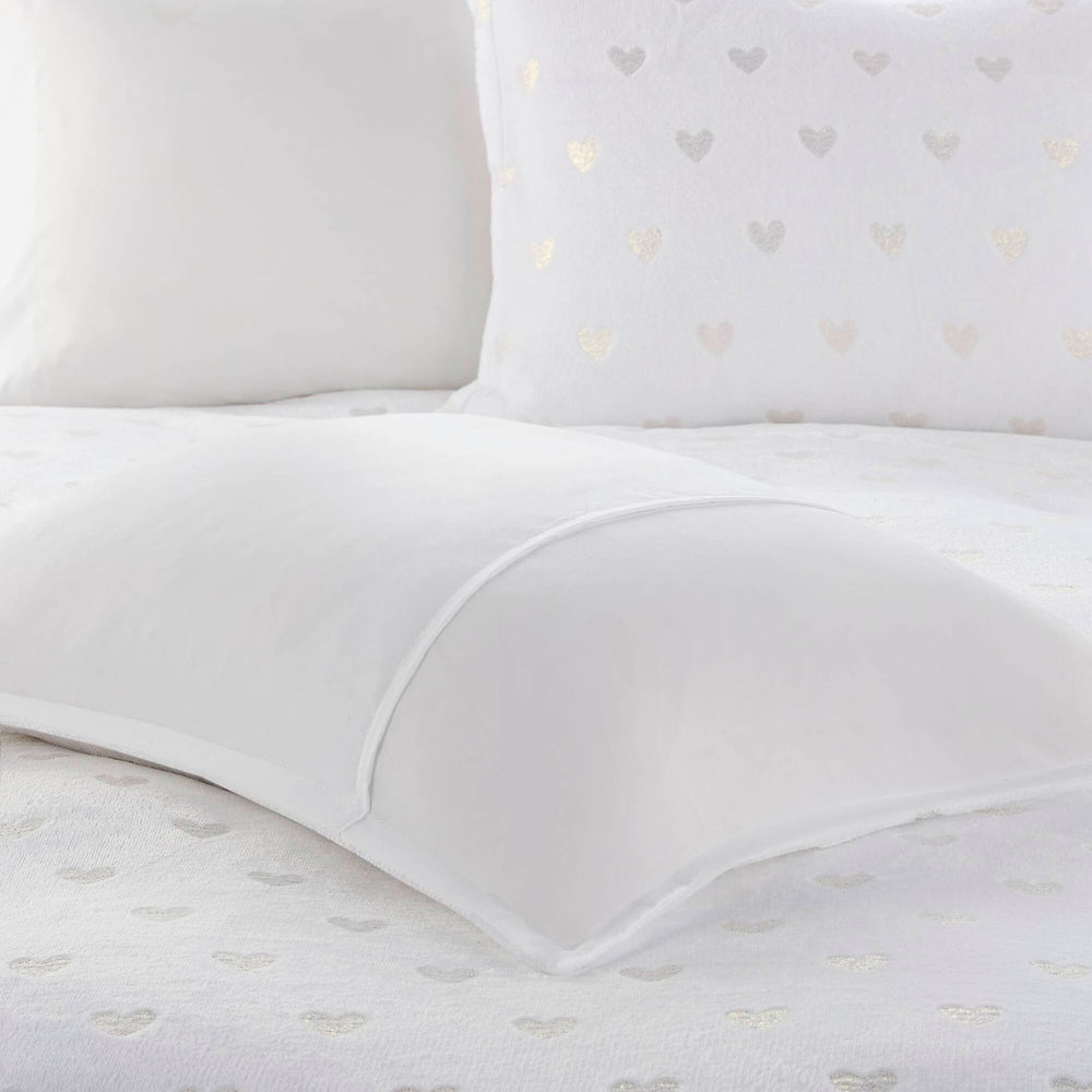 3 PCS Twin/Twin XL Metallic Printed Plush Comforter Set with Throw Pillow White/Gold Media 12