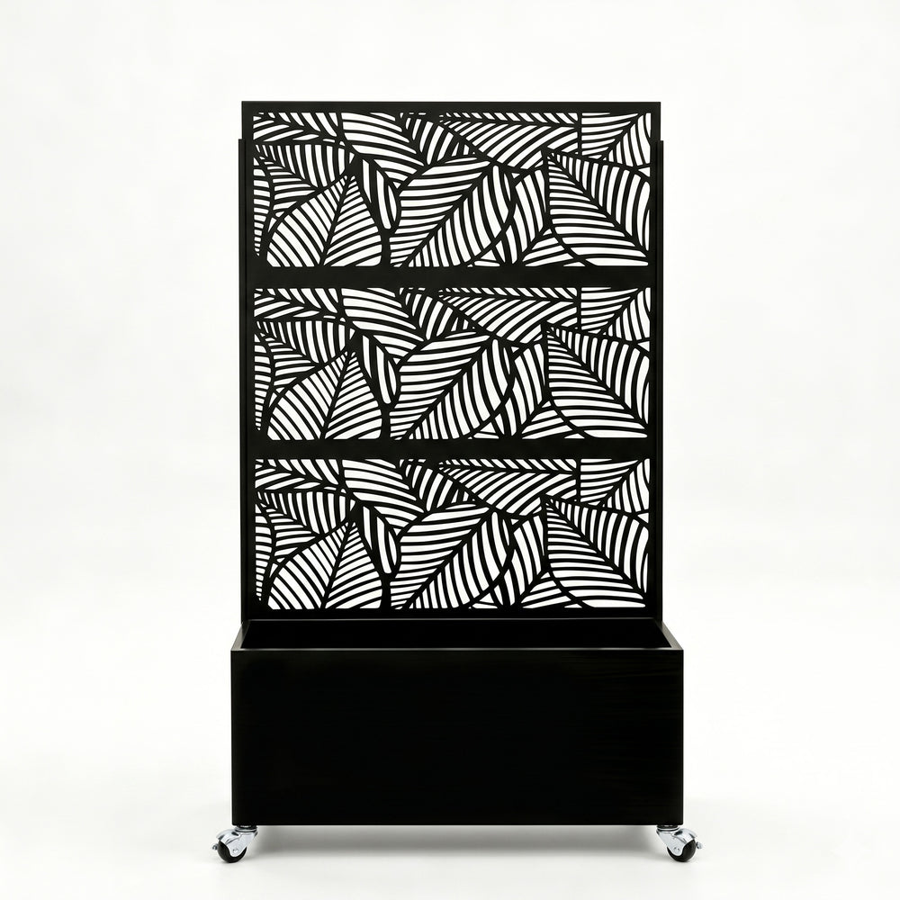 70.87' H × 46.06' W Leaf Pattern Privacy Screen with Planter Box, Black Metal Freestanding Decorative Fence Planter for Patio Balcony Backyard Media 1