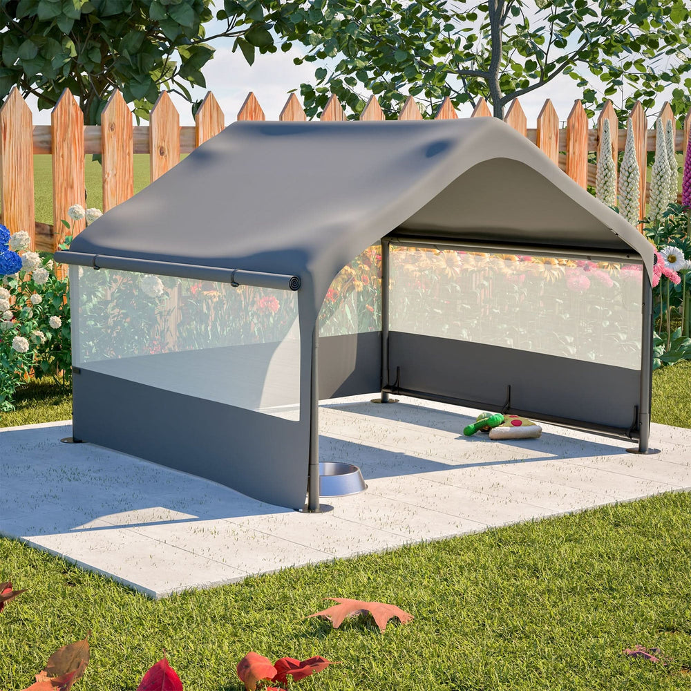 Extra Large Outdoor Dog House Tent with 3-Sided Mesh Windows, Breathable Sun Rain Cover Pet Shelter with Canopy and Ground Stakes for Dogs, Cats, Livestock – 4' x 4' x 3.3', Gray Media 15