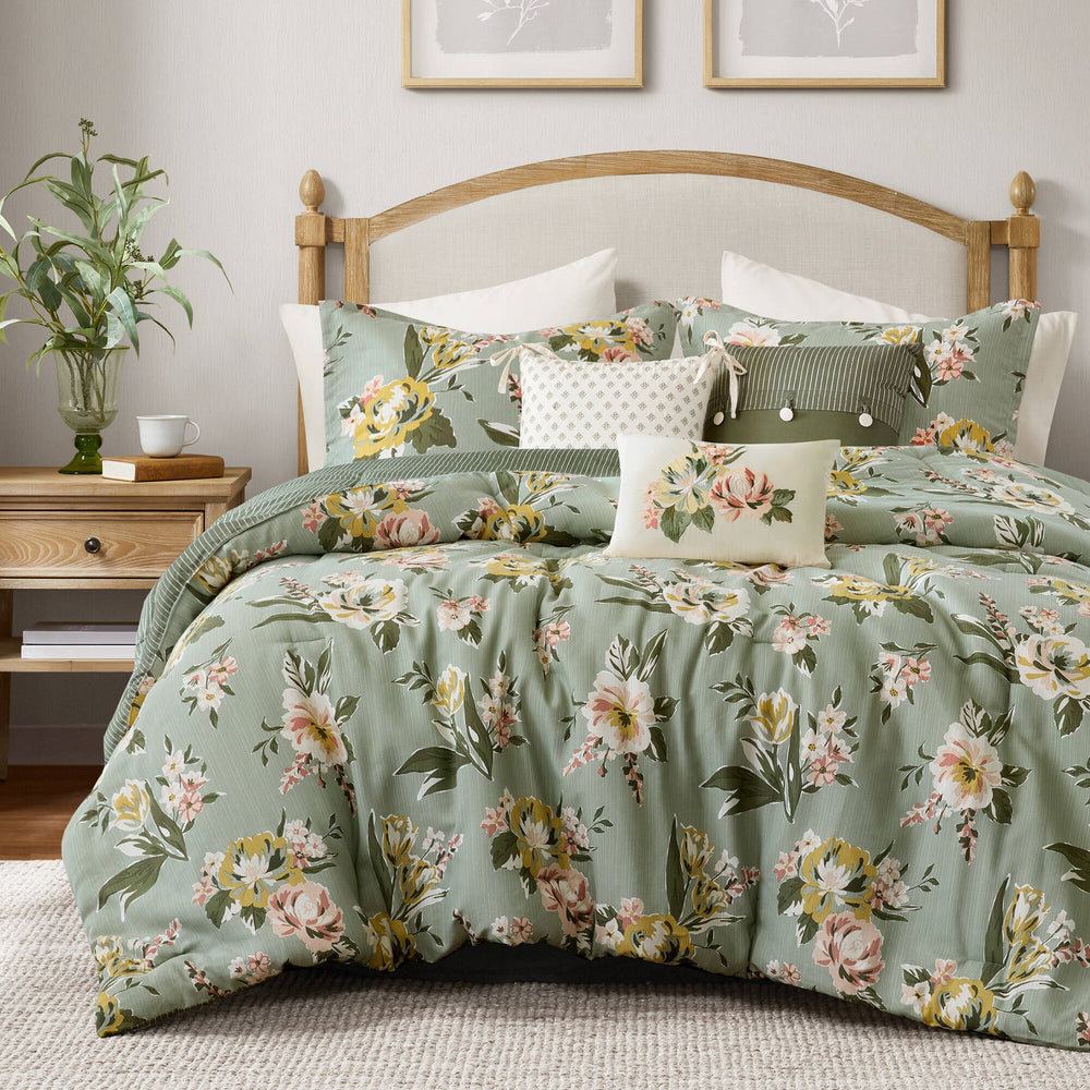7-Piece Queen Vin  Floral Comforter Set, Green Media 10