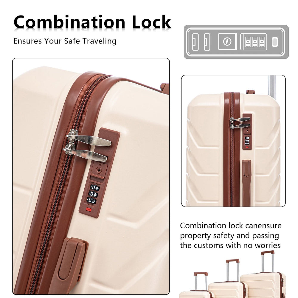 Abs Luggage Set 20 24 28 Inches 3 Piece Beige Durable Spinner Wheels & Combination Lock Media 7
