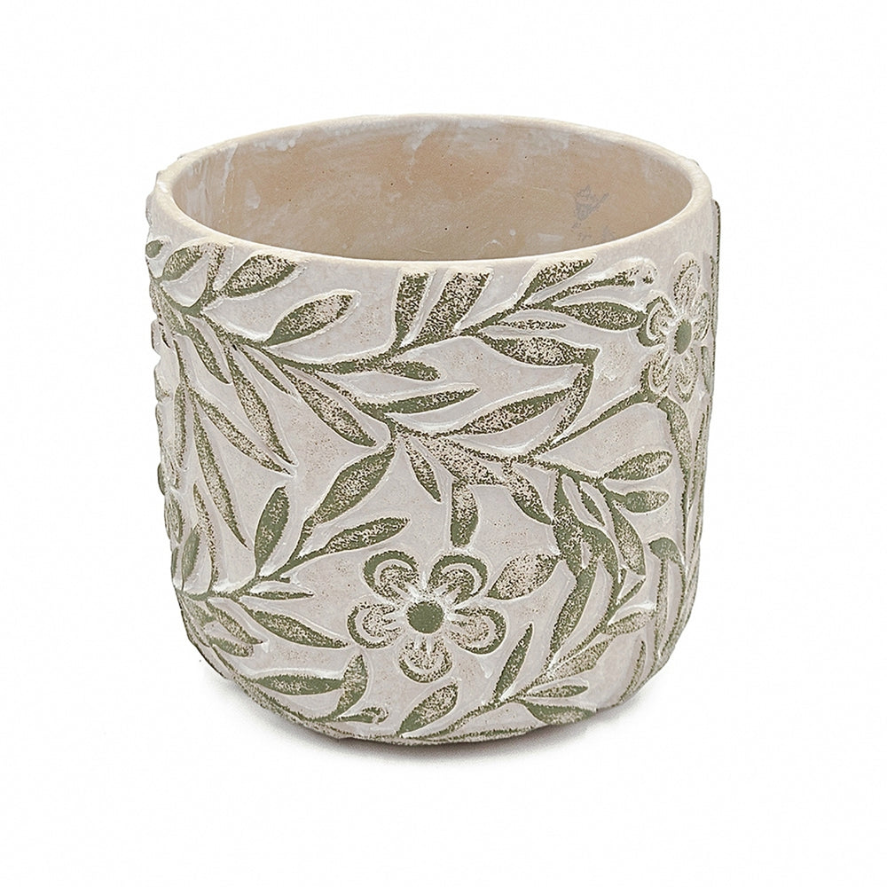 S/2 Gray Sand and Cement Planters with Etched Green Floral Motif, L:D6.7x6.3' S:D5.5x5' Media 7
