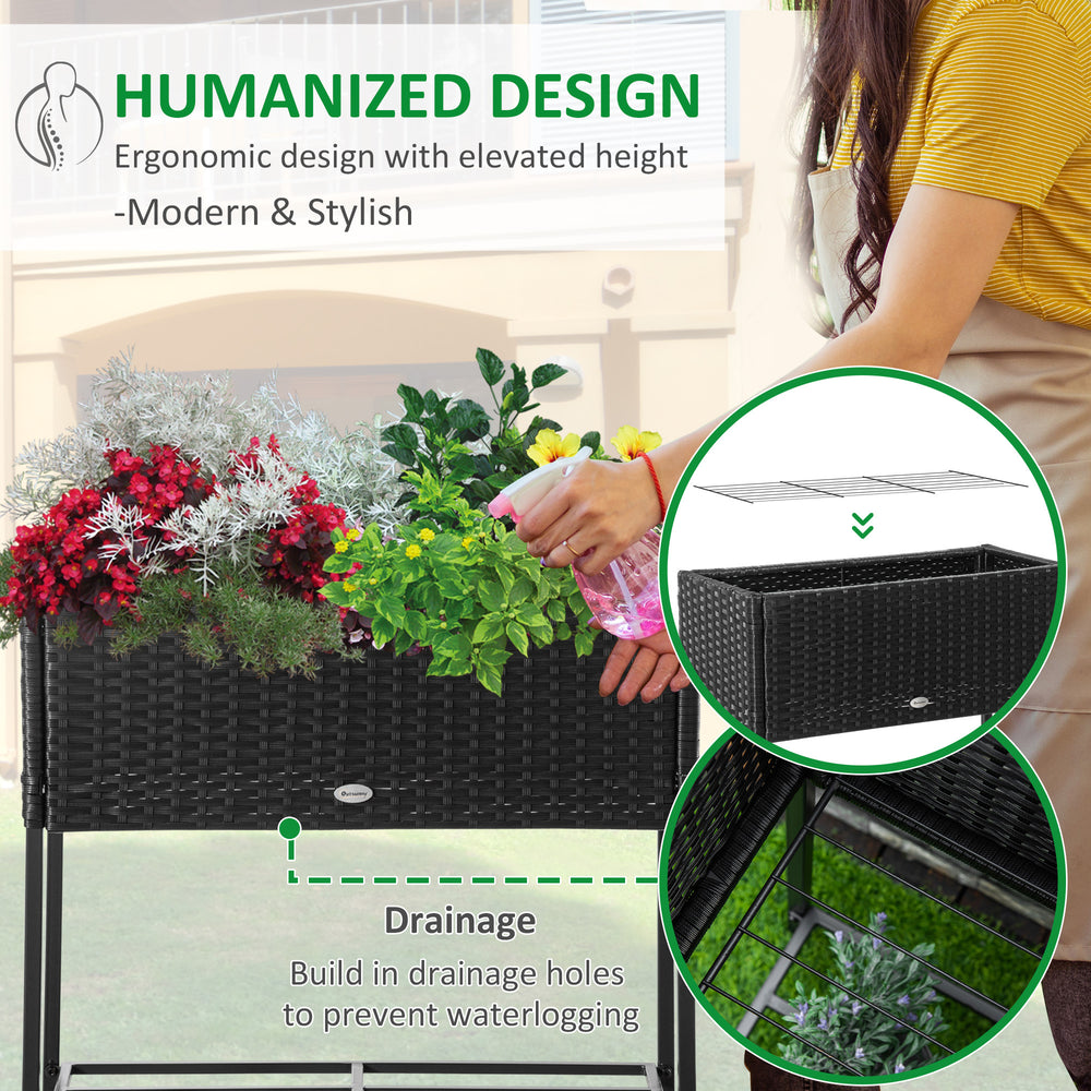 Outsunny Raised Garden Bed, Elevated Planter Box with Rattan Wicker Look, Tool Storage Shelf, Portable Design for Herbs, Vegetables, Flowers, Black Media 3