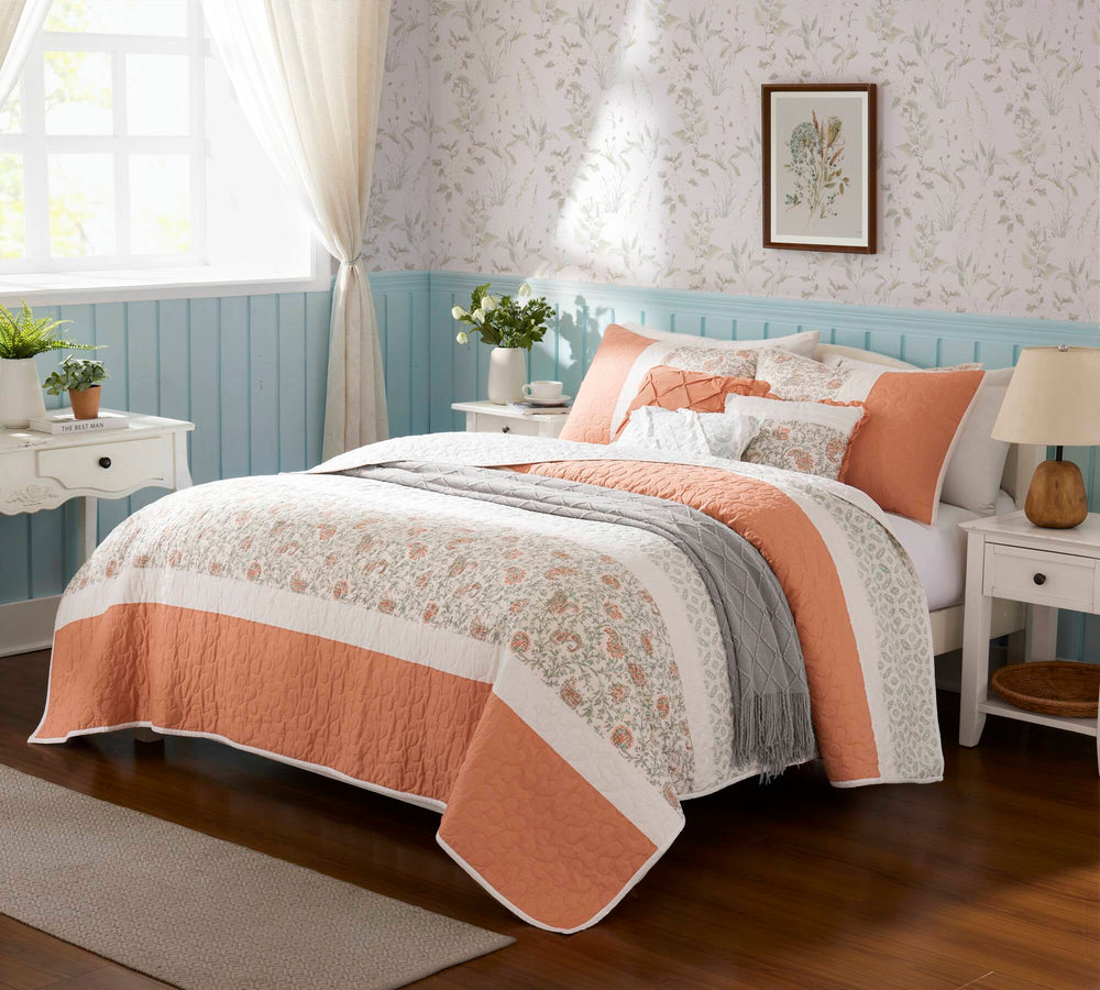 6 Piece Cotton Percale Quilt Set with Throw Pillows Coral Full/Queen Media 11