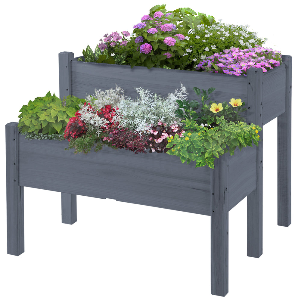 Outsunny 34'x34'x28' Raised Garden Bed, 2-Tier Elevated Wood Planter Box for Backyard, Patio to Grow Vegetables, Herbs, and Flowers, Gray Media 10