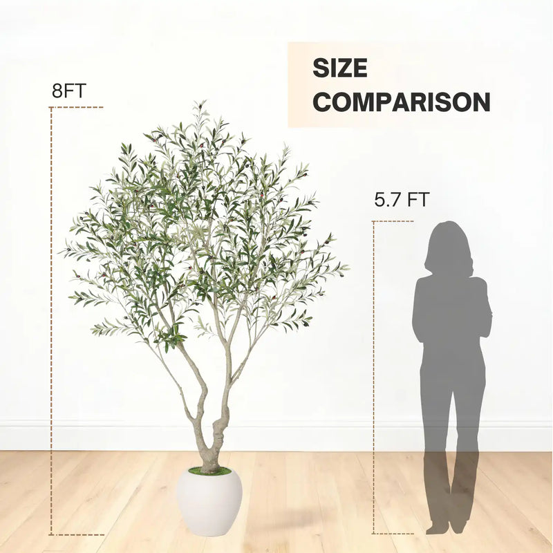 8FT Artificial Olive Tree With Decorative White Pot, Tall Indoor & Covered Outdoor Decorative Tree, 1pc/set