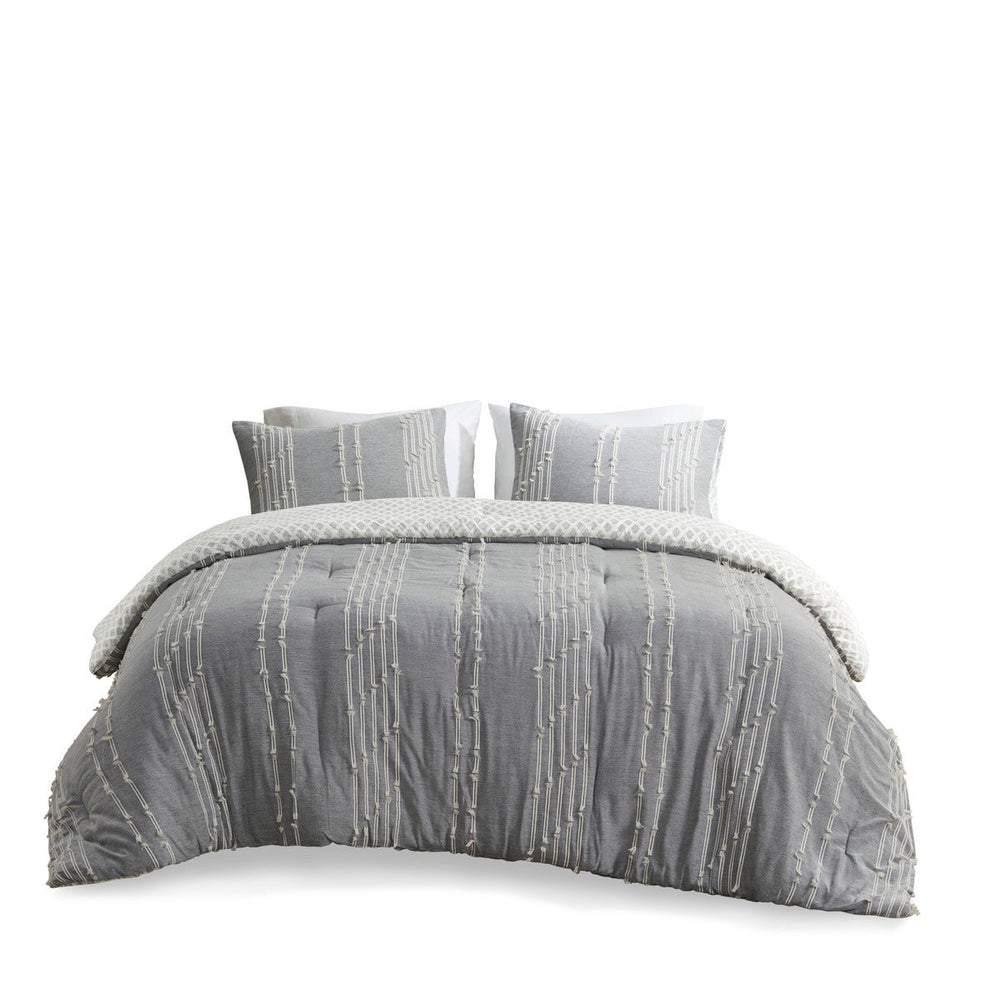 3 Piece Cotton Jacquard Comforter Set Gray Full/Queen Media 9