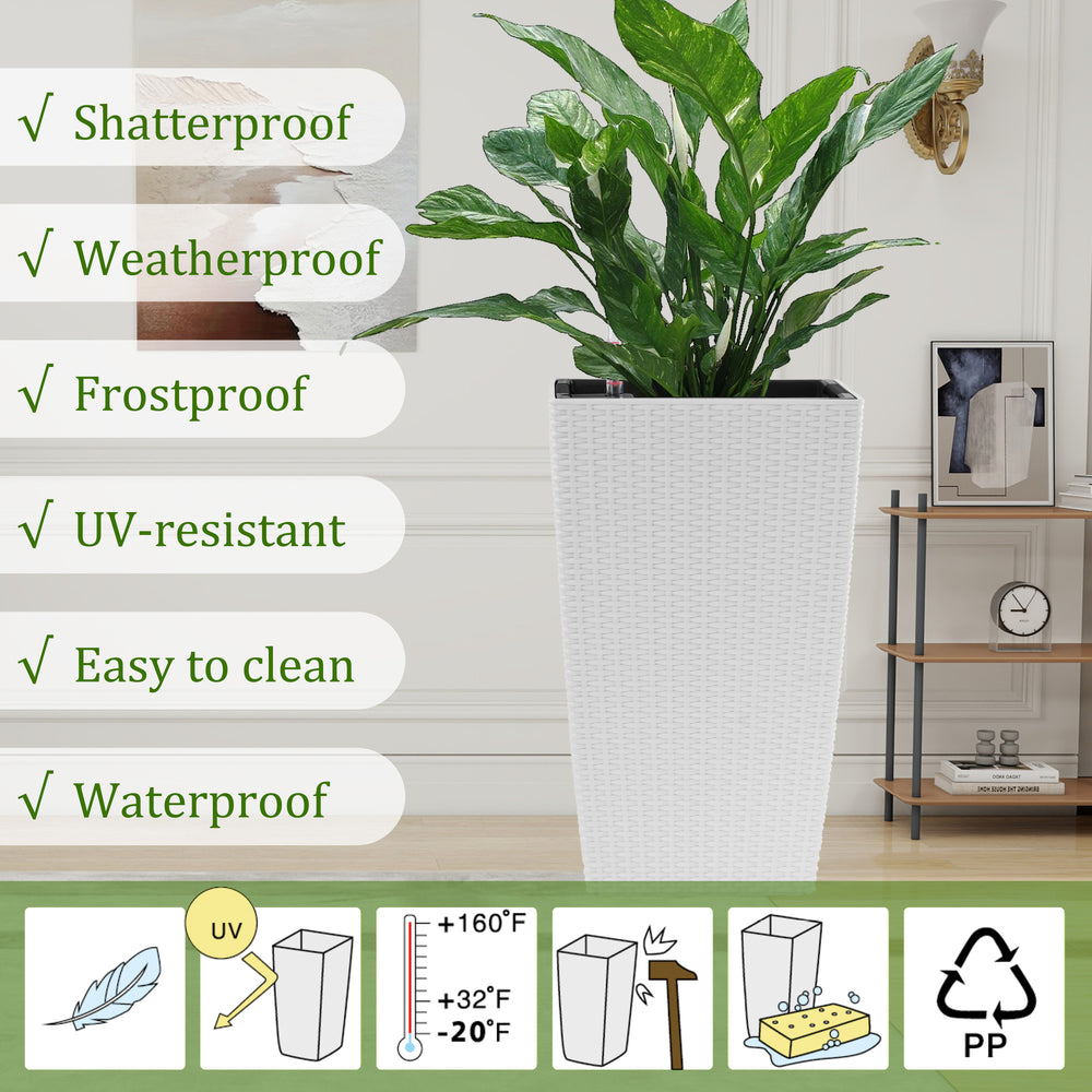Indoor/Outdoor Modern Faux Rattan Design Square Planter, 22.6 inch White Plastic Large Planter with Automatic Watering System for Home and Garden (White, 22.6 inch - 2 Pack) Media 7