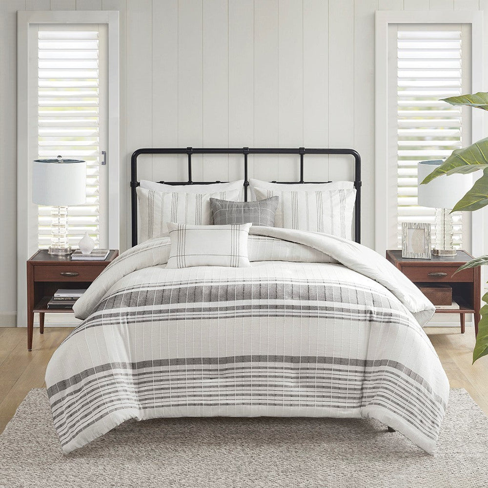 5 Piece Cotton Jaquard Duvet Set White/Grey Full/Queen Media 1