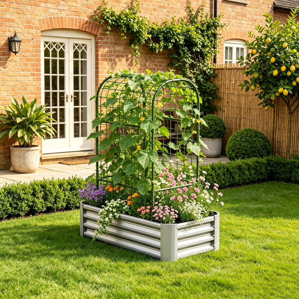 2-in-1 Raised Garden Bed with Trellis - 59' Tall Arch Planter Box for Climbing Plants, Outdoor Galvanized Metal Gardening Bed for Vegetables, Fruits, Flowers (Silver, 4x2x1 Ft) Media 4