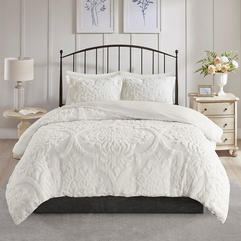 Full/Queen 3 Piece Tufted Cotton Chenille Damask Duvet Cover Set Media 1