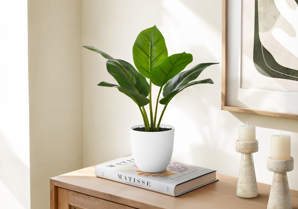 Artificial Plant, 17' Tall, Aureum, Indoor, Faux, Fake, Table, Greenery, Potted, Real Touch, Decorative, Green Leaves, White Pot Media 1