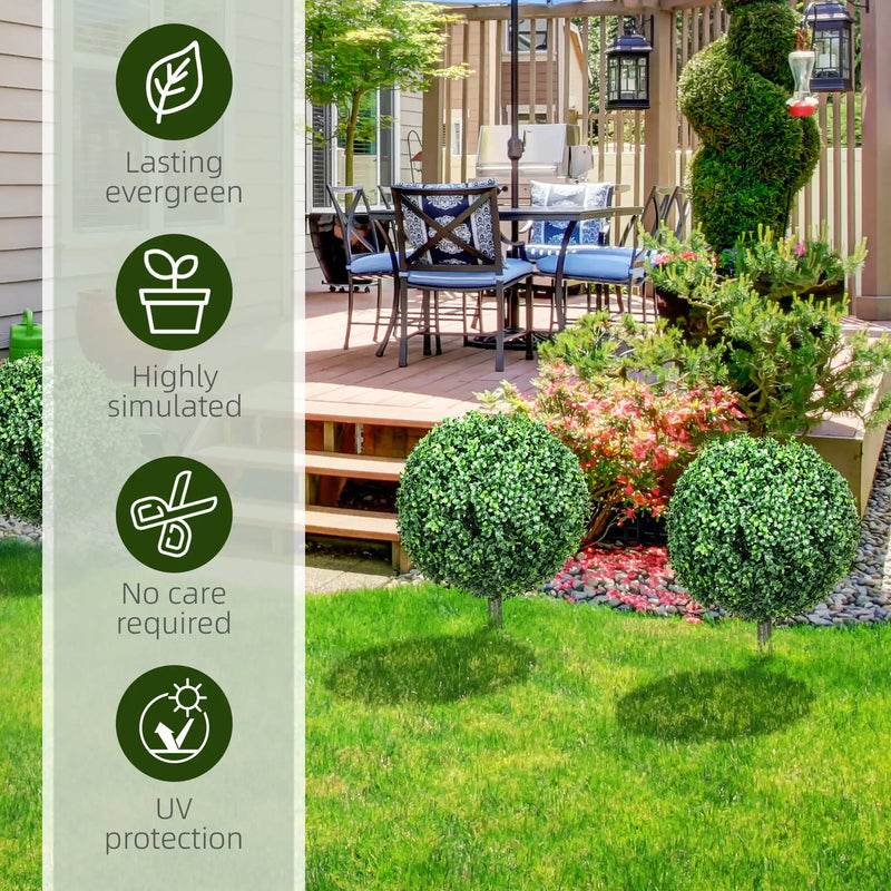 HOMCOM 1.3' (15.7') Artificial Boxwood Topiary Trees with Ground Stake, UV Resistant Set of 2 Ball Shaped Trees, Indoor Outdoor Fake Plants for Home Office & Living Room Décor