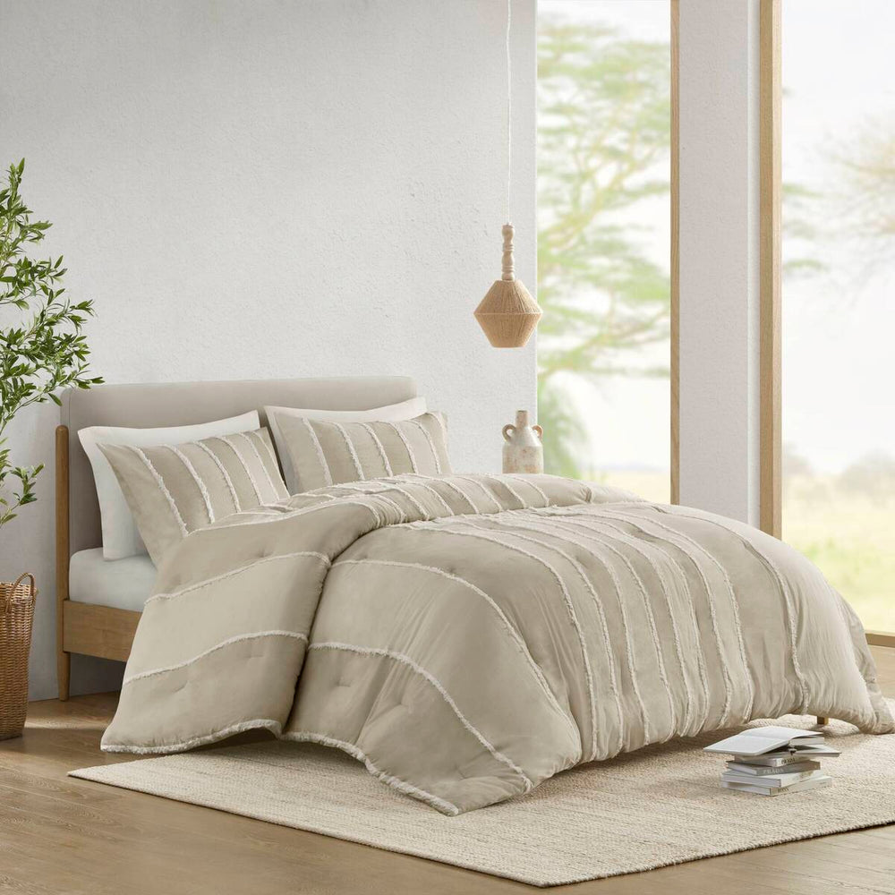 3 Piece Striped Cotton Comforter Set Taupe King/Cal King Media 15