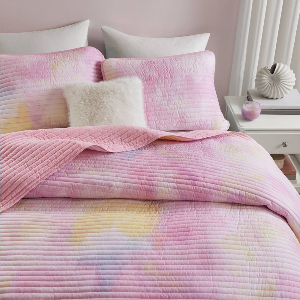 4 Pieces Full/Queen Watercolor Tie Dye Printed Quilt Set with Throw Pillow,Pink Media 20