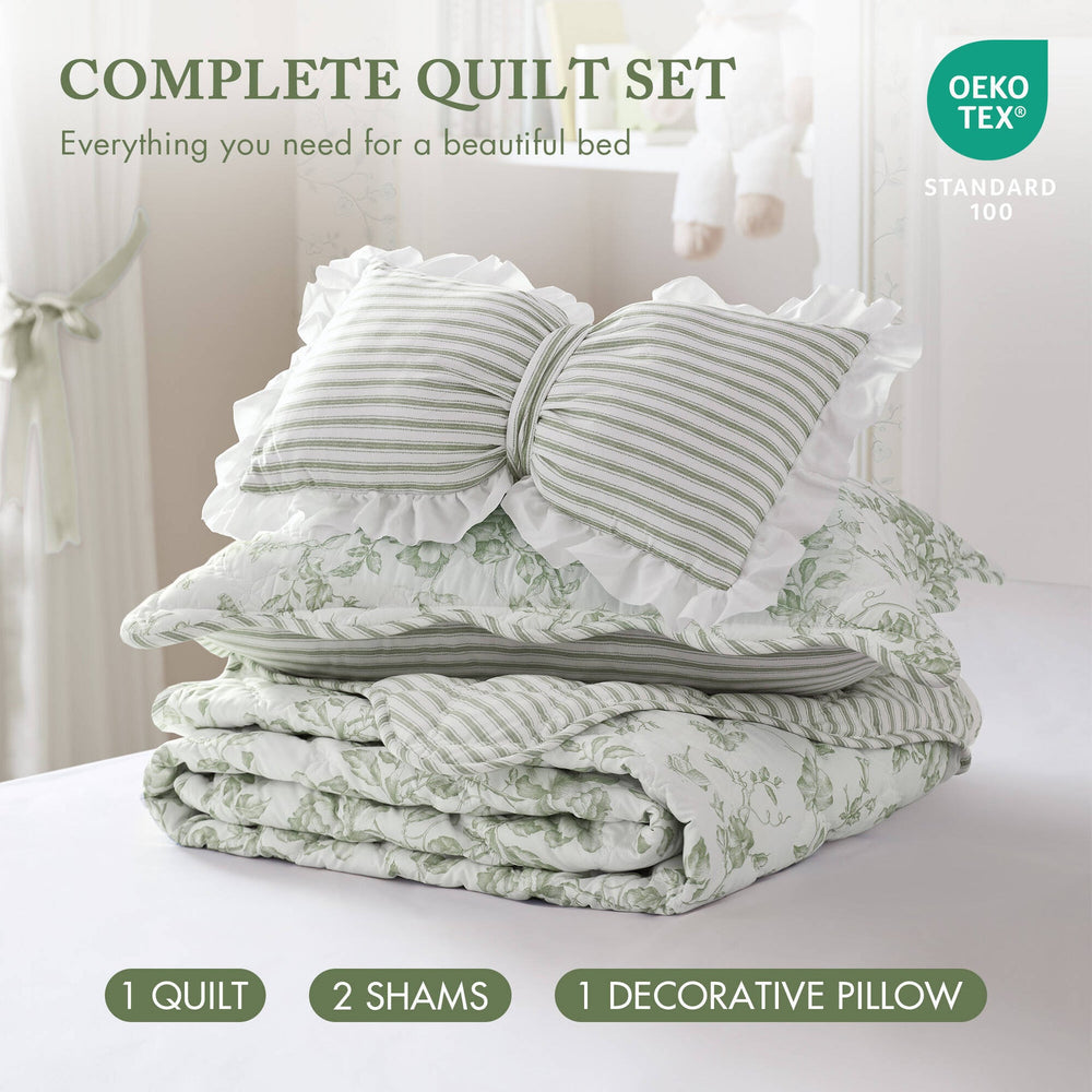 4 Pieces Full/Queen  Quilt Set with Decorative Pillow,Green Media 10