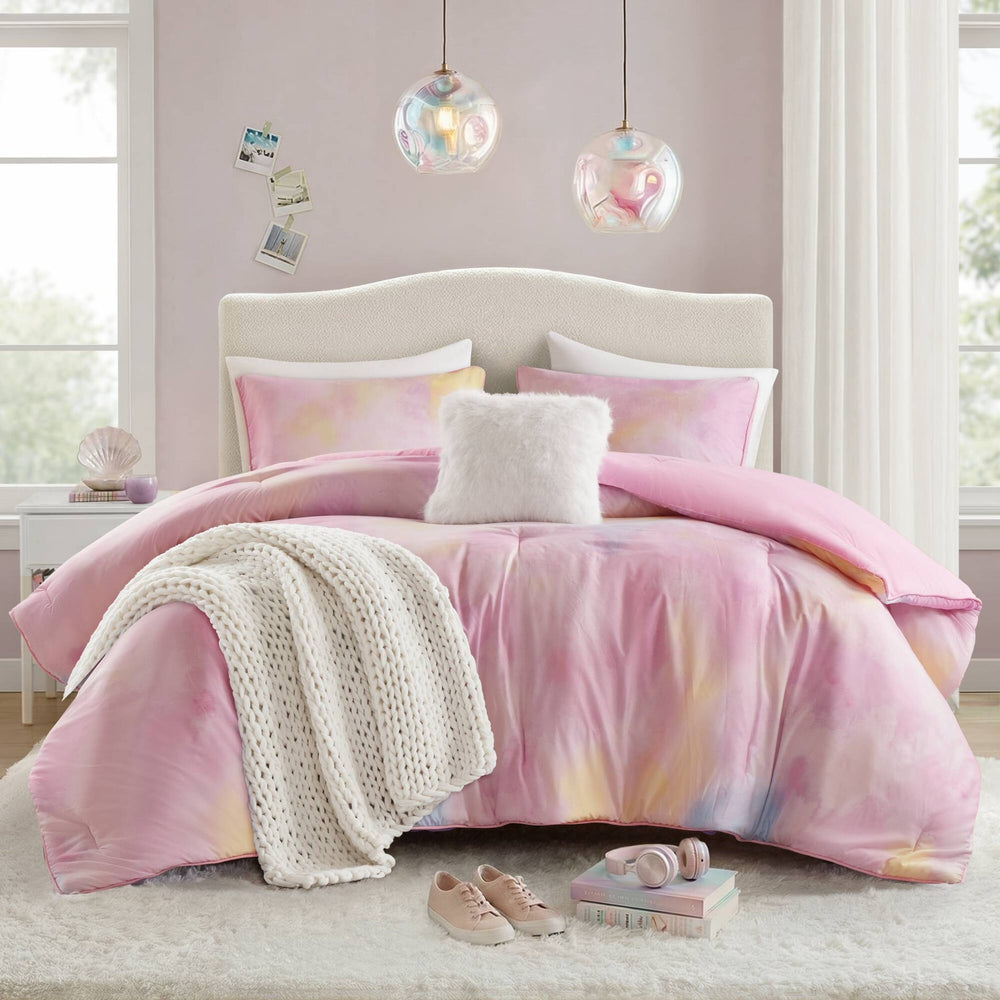 4 Pieces King/Cal King Watercolor Tie Dye Printed Comforter Set with Throw Pillow,Pink Media 1