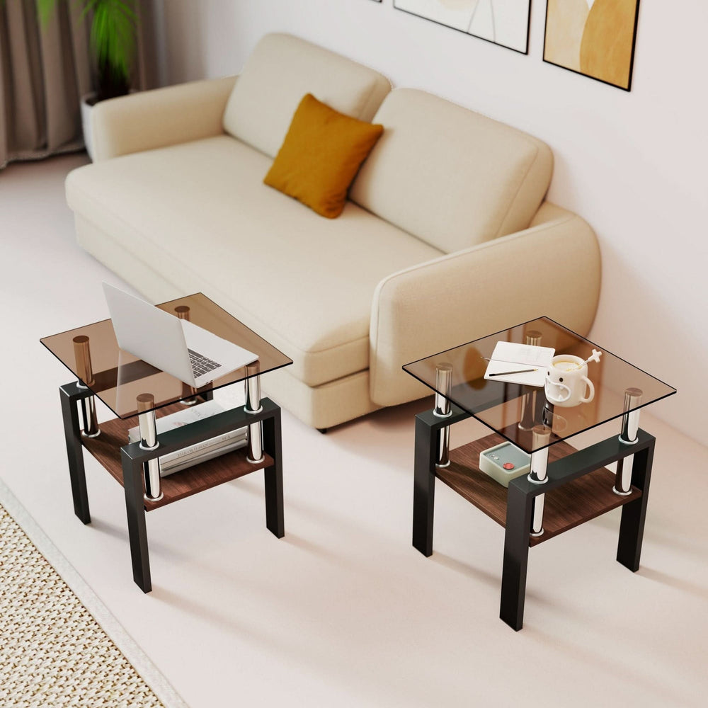 Tempered Glass Tables Square Black Living Room Contemporary Set Of Two Media 2