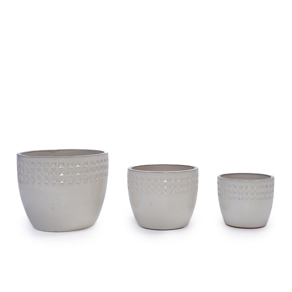 Handmade Ceramic Flower Pot Set of 3, 15/12/9 Inch Diameter, White Diamond Pattern, for Succulents Indoor/Outdoor Use on Windowsill & Bookshelf, Breathable Clay Media 18