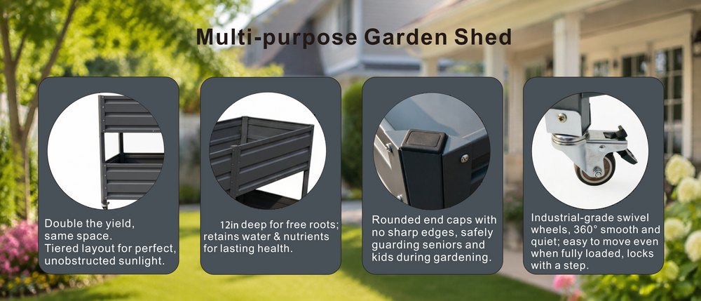 Dual Tier Elevated Metal Raised Garden Bed with Lockable Wheels, Staggered 2-Layer Raised Planter Box for Vegetables Herbs Flowers, Outdoor Patio Backyard Green Planting Bed,Grey Media 21
