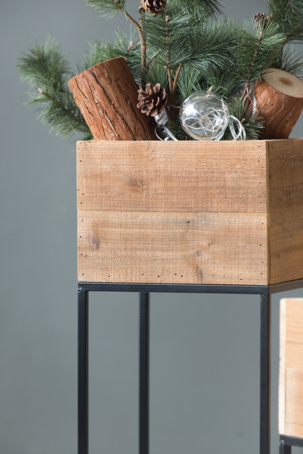 Set of 2 Reclaimed Wooden Box With Black Iron Stand, L:11x11x29.5' S:8.5x8.5x21.5' Media 23