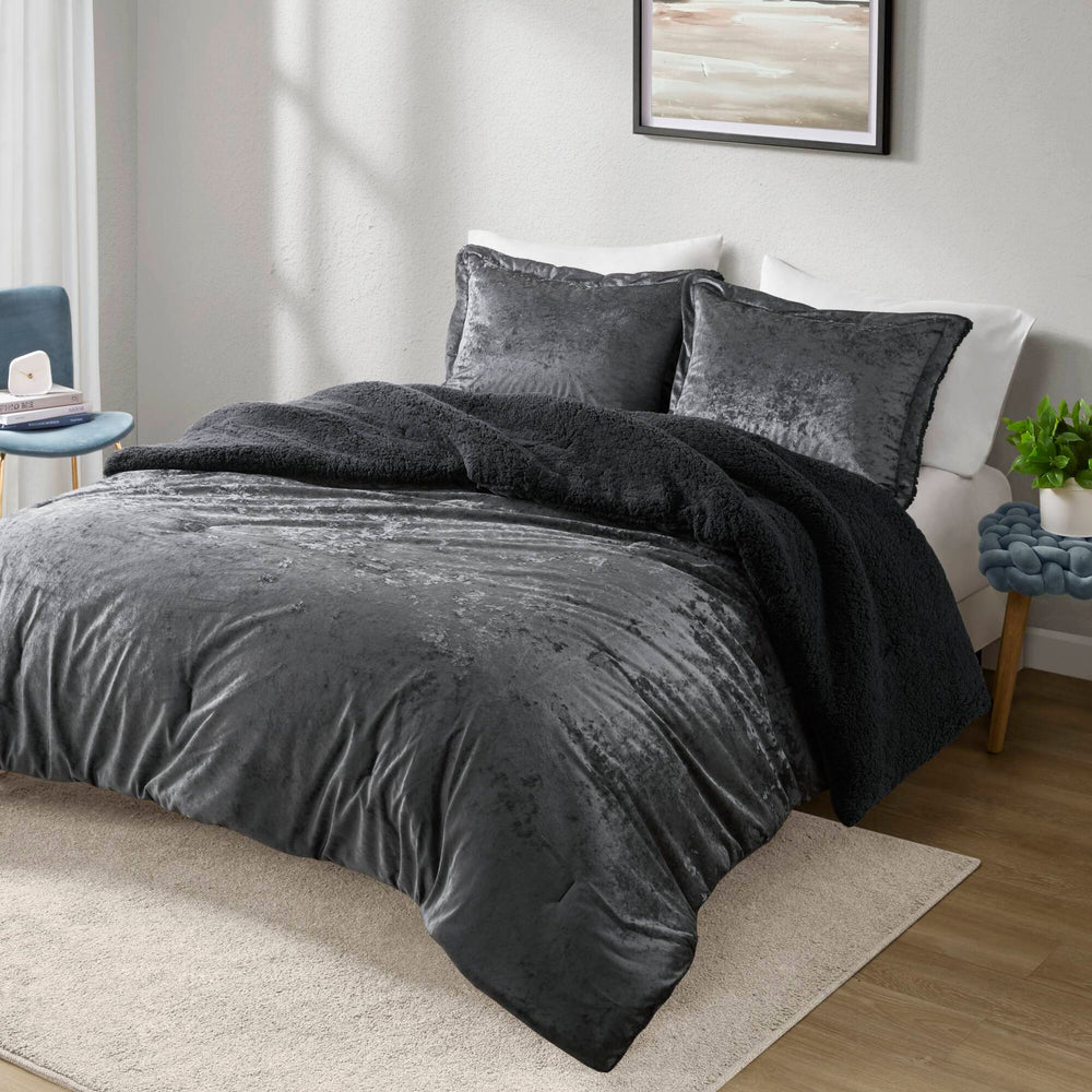 3 PCS Full/Queen Crushed Velvet   Reversible Comforter Set Charcoal Media 1