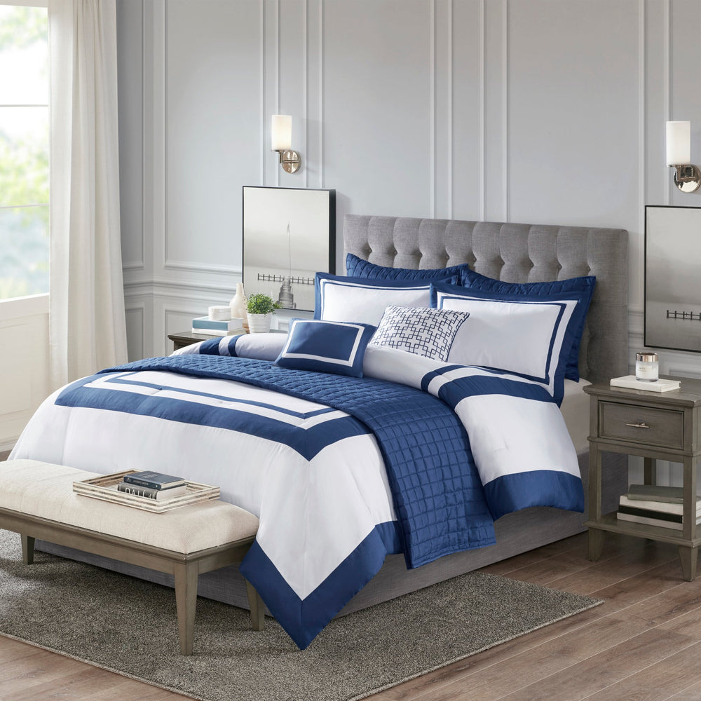 8 Piece Comforter and Quilt Set Collection Navy Full/Queen Media 2