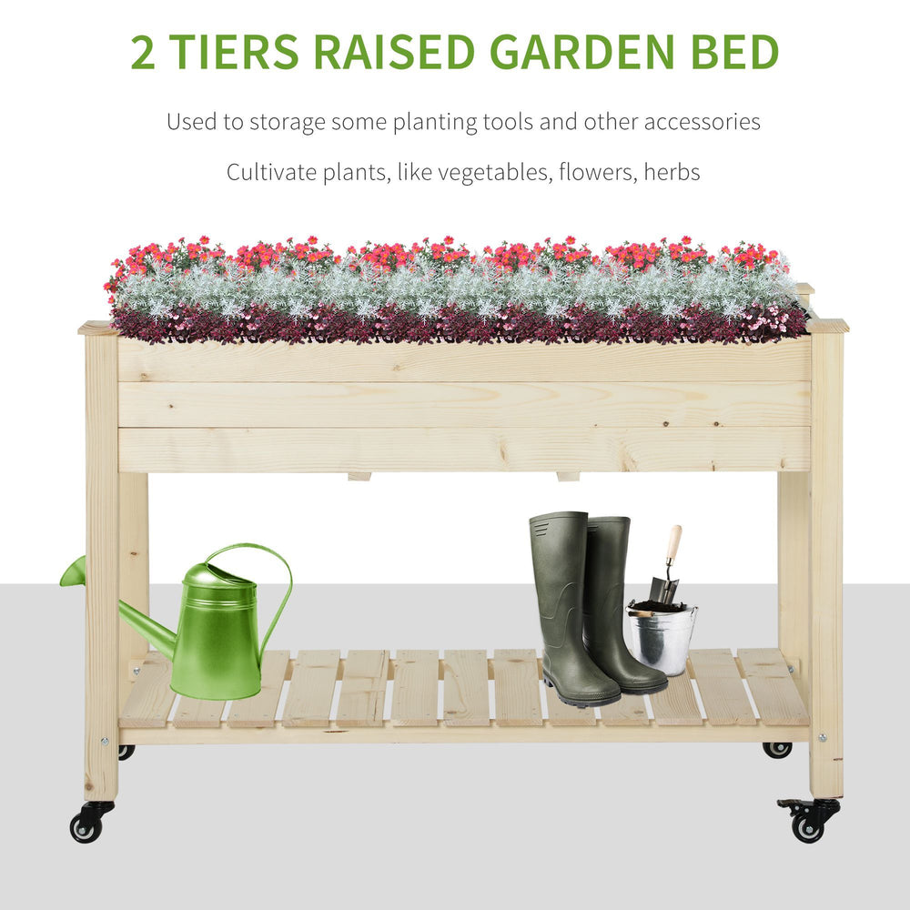 Outsunny Raised Garden Bed with Lockable Wheels and Storage Shelf, Natural Wood, 47 x 22 x 33 Inches Media 8