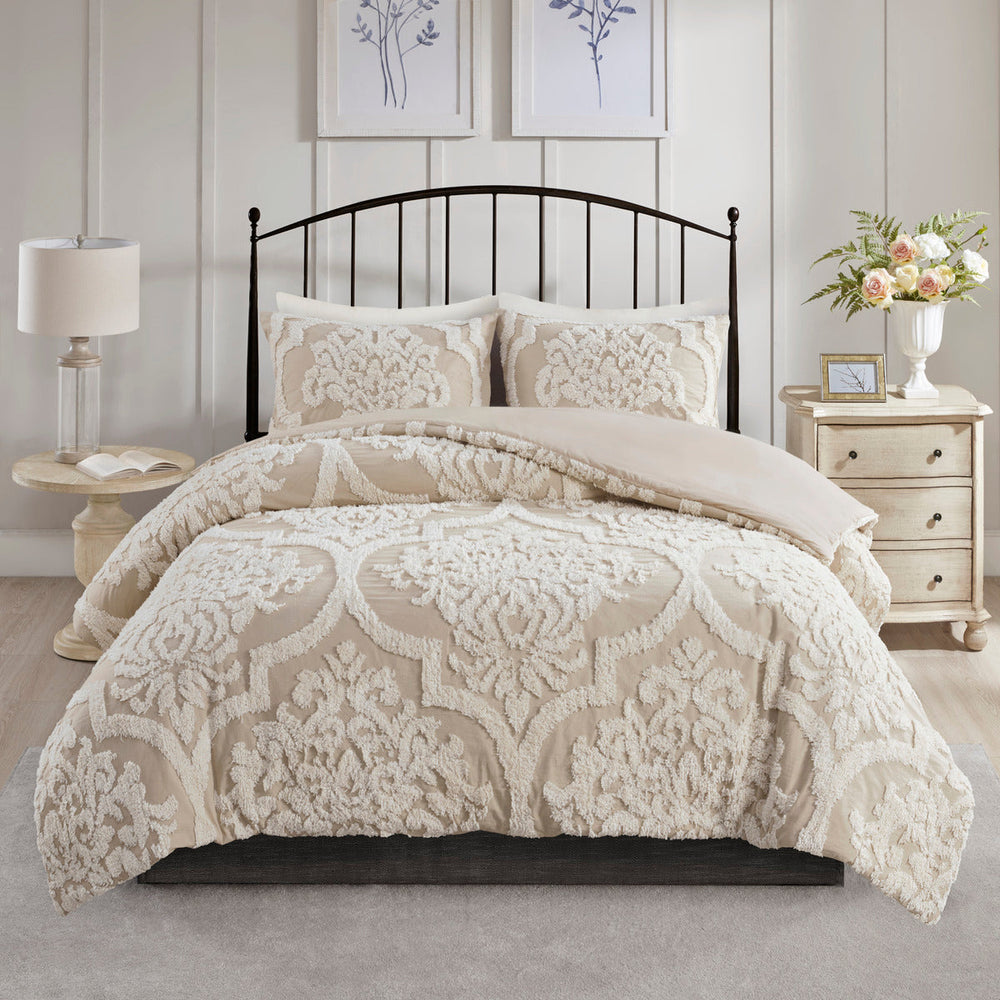 3 piece Tufted Cotton Chenille Damask Comforter Set Taupe Full/Queen Media 9