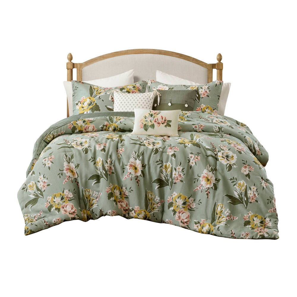 7-Piece Queen Vin  Floral Comforter Set, Green Media 20